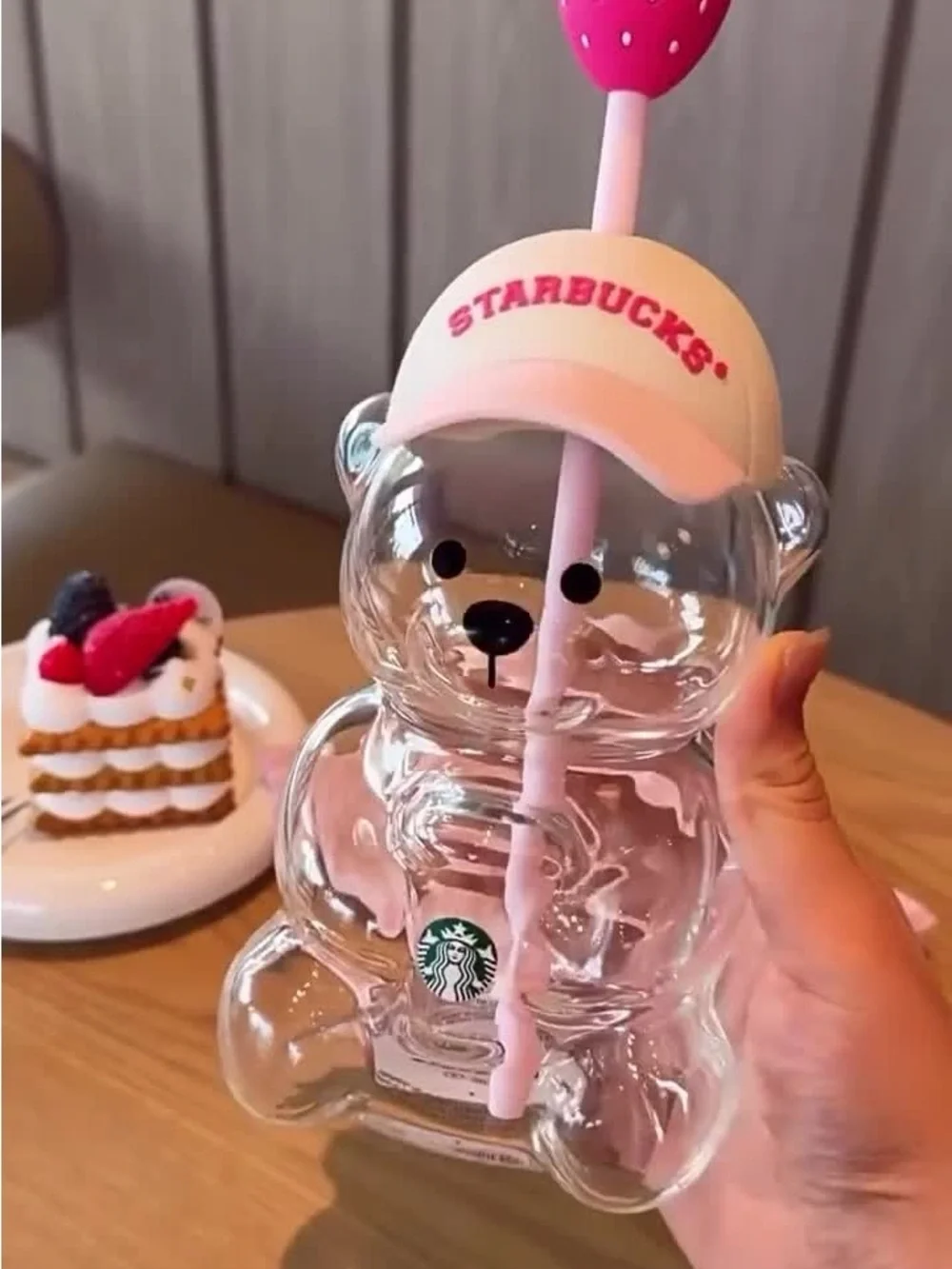 2026 Starbuck Barista Bear Glass Cup Coffee Baseball Cap Strawberry Topper Straw